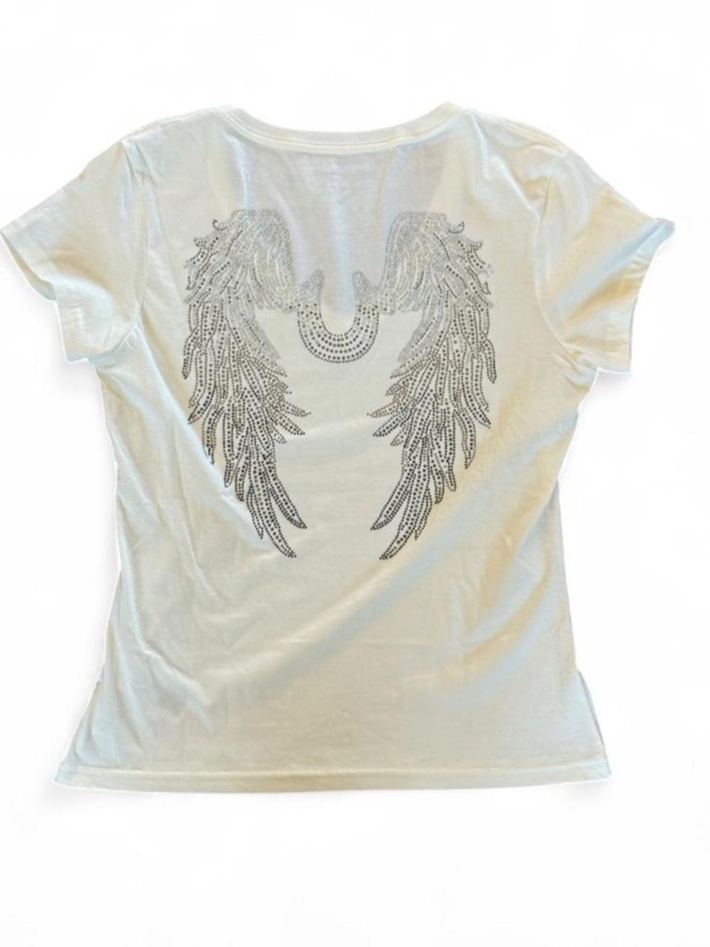 True Religion Women's White Solid V-Neck Short Sleeve Rhinestone Tee M